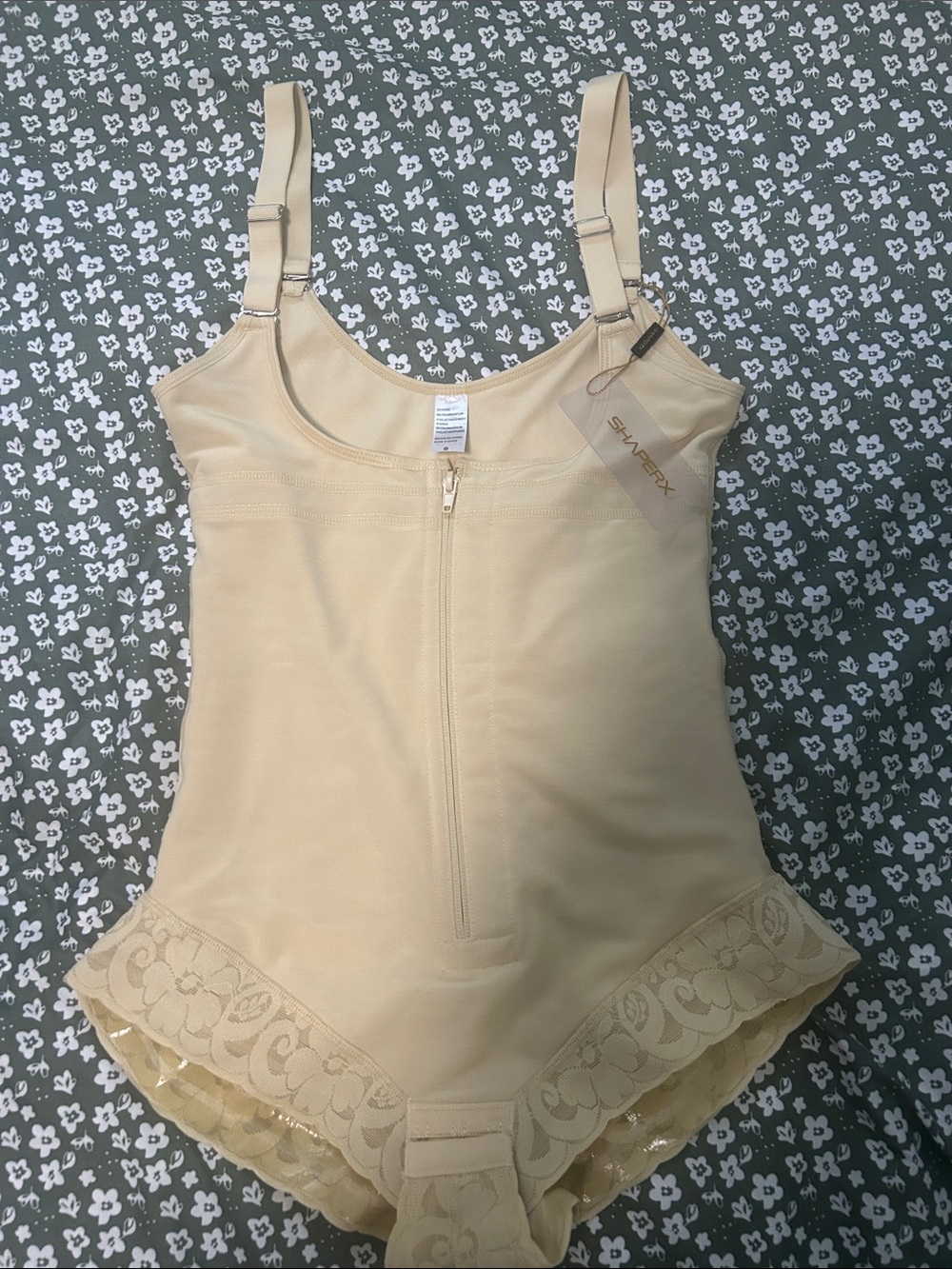 Women’s Cream Shapewear Bodysuit with Lace Trim and Front Zip( size small)